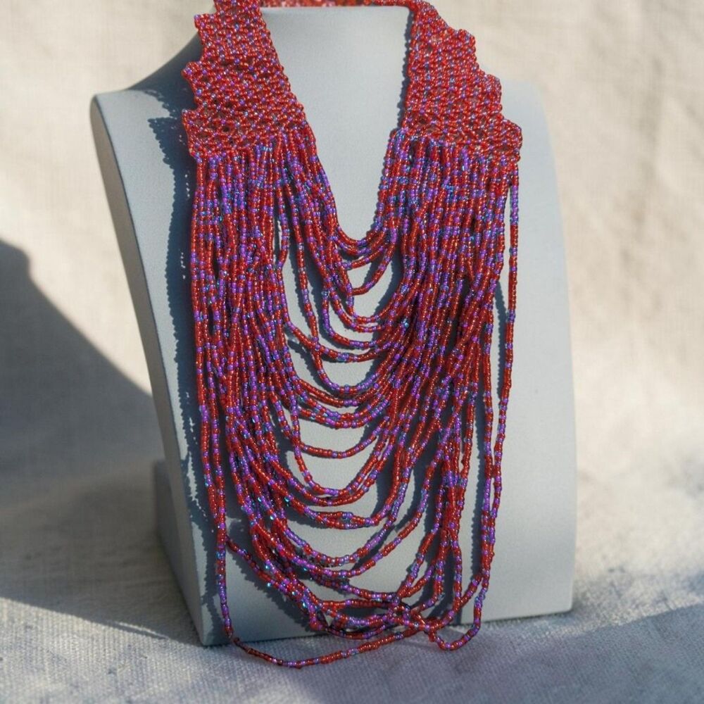 Vintage Seed Bead Statement Necklace, Multi Strand Draped Bib Necklace